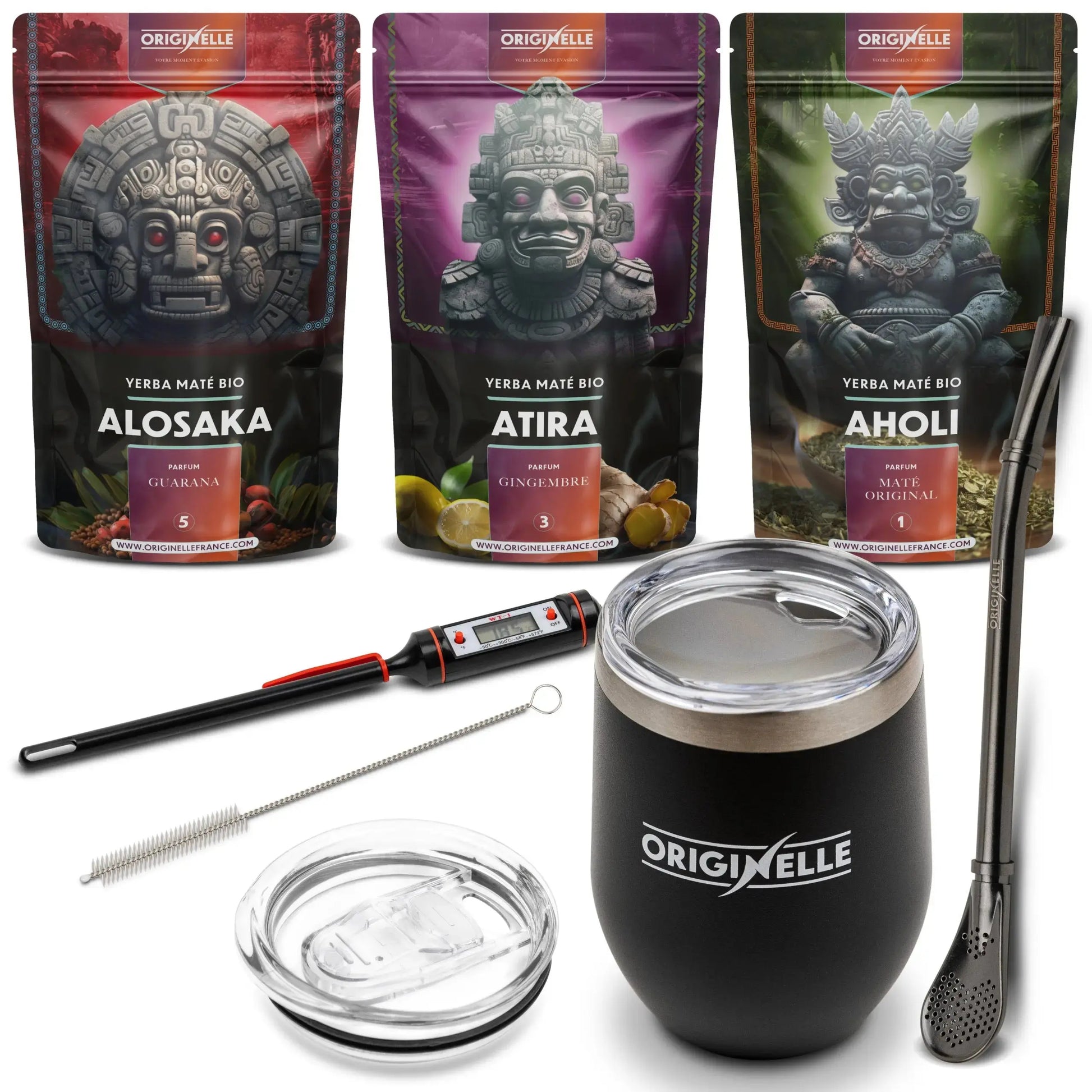 Coffret Découverte Maté – Maté vert nature + Guarana + Gingembre Citron + Calebasse Noire + Bombilla + Thermomètre Originel