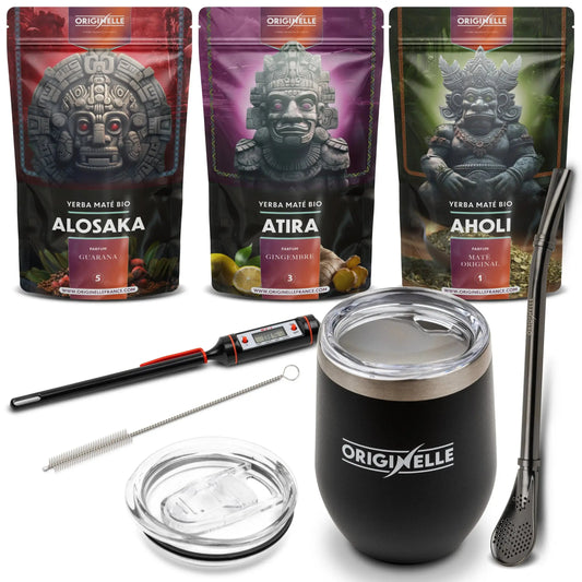 Coffret Découverte Maté – Maté vert nature + Guarana + Gingembre Citron + Calebasse Noire + Bombilla + Thermomètre Originel